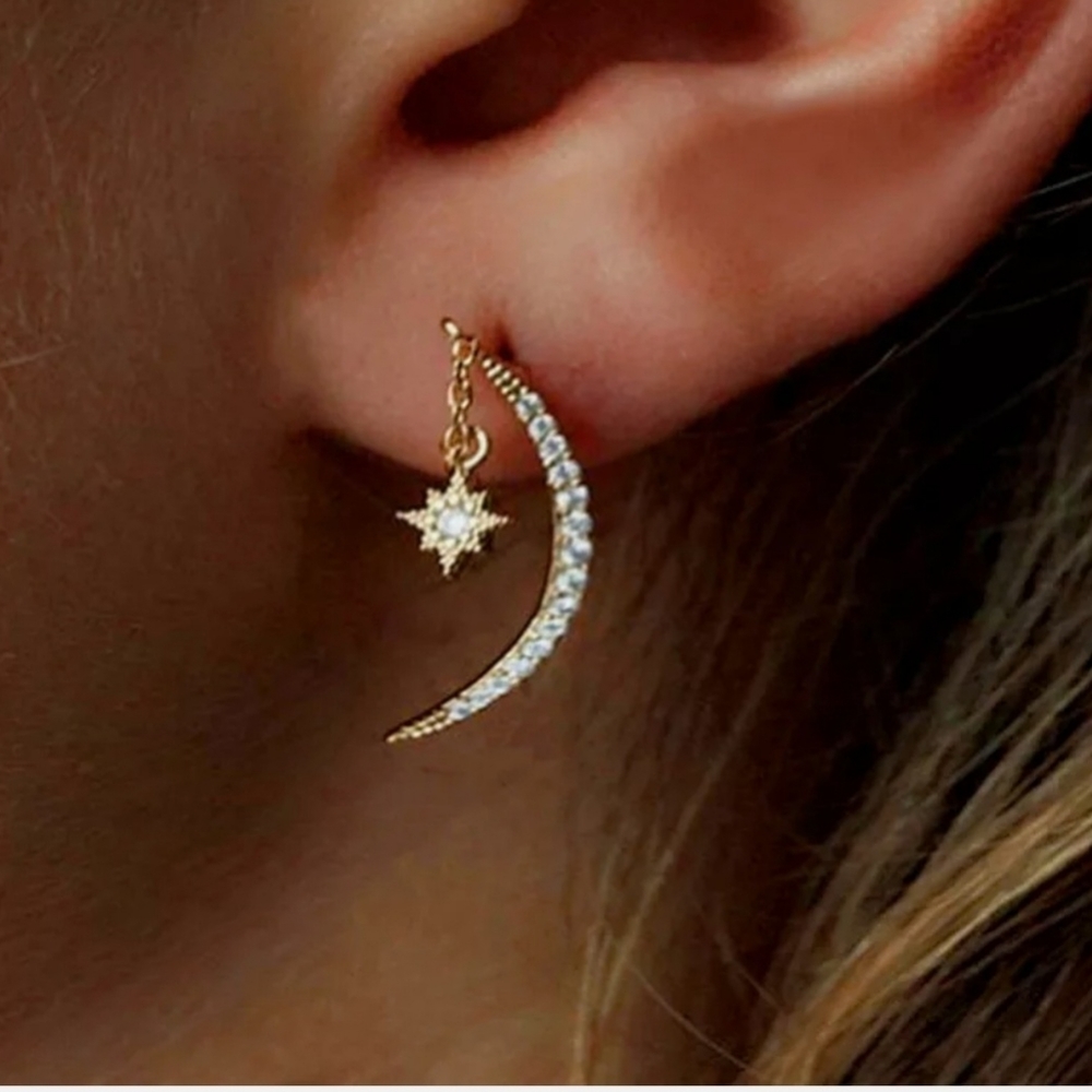 .925 18K Diamond Moon Star Earrings * NWOT